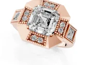 Asscher Cut Milgrain Sectioned Halo Engagement Ring Setting | Square-Framed Sides | Rose Gold