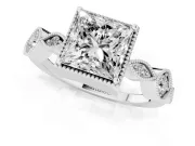 Princess Cut Diamond Vintage-Inspired Milgrain Ring Set in Platinum with Marquise Stations of Round Accents