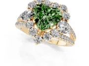 Heart-Shaped Scalloped Halo Engagement Ring Setting for a Fancy Green Lab-Grown Diamond | Pear Side Stones | Yellow Gold