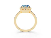 Fancy Blue Heart Cut Diamond Halo Engagement Ring Set in Yellow gold with Milgrain Detail and Pavé Band