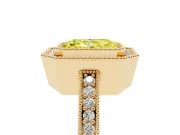 Fancy Yellow Radiant Cut Diamond Halo Engagement Ring Set in Yellow gold with Pavé Band and Round Halo Stones