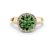 Fancy Green Round Cut Diamond Halo Ring Set in Yellow gold with Cathedral Band and Prong Setting