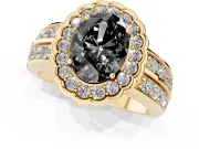 Fancy Black Oval Cut Diamond Scalloped Halo Ring Set in Yellow gold with Pavé Split Shank