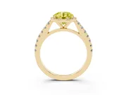 Fancy Yellow Round Cut Diamond Halo Engagement Ring Set in Yellow gold with Pavé Band and Prong Setting