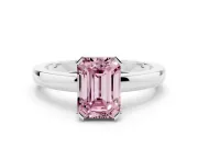 Fancy Pink Emerald Cut Diamond Solitaire Ring Set in Silver with Prong Head and Smooth Polished Band