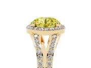 Fancy Yellow Round Cut Diamond Halo Split Shank Ring Set in Yellow gold with Accent Stones and Prong Setting