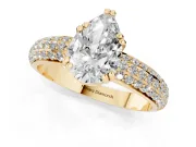 Pear Cut Diamond Solitaire Ring Set in Yellow gold with Multi-Row Round Pavé Band and Prong Setting