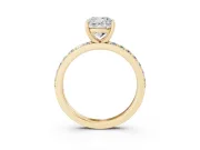 Cushion Cut Diamond Solitaire Set in Yellow gold with Round Pavé Band and Prong Setting