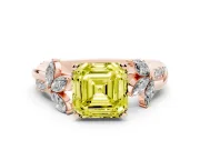 Fancy Yellow Asscher Cut Diamond Floral Vine Solitaire Engagement Ring Set in Rose gold with Marquise Leaves
