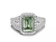 Emerald Cut Halo Pavé Engagement Ring Setting for a Fancy Green Lab-Grown Diamond | Narrow Split Shank | Sterling Silver