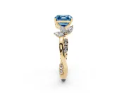 Fancy Blue Asscher Cut Diamond Floral Vine Solitaire Engagement Ring Set in Yellow gold with Marquise Leaves