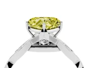 Fancy Yellow Heart Cut Diamond Twist Band Solitaire Ring Set in Silver with Leaf Prong Setting and Accent Stones