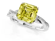 Fancy Yellow Asscher Cut Diamond Solitaire Twisted Pavé Ring Set in Platinum with Prong Setting