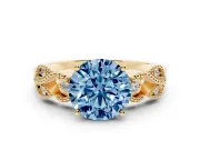 Fancy Blue Round Cut Diamond Milgrain Leaf Band Solitaire Ring Set in Yellow gold with Accent Stones and Prong Setting