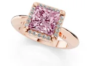 Fancy Pink Princess Cut Diamond Halo Engagement Ring Set in Rose gold with Plain Split Shank and Prong Setting