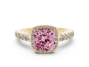 Fancy Pink Cushion Cut Diamond Halo Engagement Ring Set in Yellow gold with Pavé Band and Prong Setting
