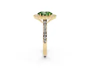Fancy Green Oval Cut Diamond Milgrain Floral Halo Engagement Ring Set in Yellow gold with Pavé Band
