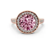 Fancy Pink Round Cut Diamond Halo Solitaire Ring Set in Rose gold with Pavé Band and Bezel Setting