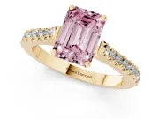 Fancy Pink Emerald Cut Diamond Solitaire Engagement Ring Set in Yellow gold with Delicate Pavé Band and Prong Setting