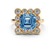 Asscher Cut Milgrain Cluster Halo Engagement Ring Setting for a Fancy Blue Lab-Grown Diamond | Plain Band | Yellow Gold