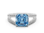 Fancy Blue Asscher Cut Diamond Split Shank Ring Set in Silver with Pavé Band and Prong Setting