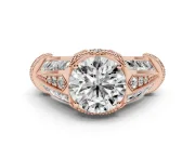 Round Cut Diamond Vintage-Inspired Milgrain Ring Set in Rose gold with Accent Split Shank