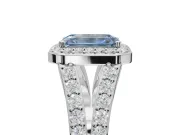 Emerald Cut Halo Pavé Engagement Ring Setting for a Fancy Blue Lab-Grown Diamond | Narrow Split Shank | Sterling Silver