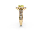Fancy Yellow Oval Cut Diamond Halo Engagement Ring Set in Yellow gold with Split Shank and Prong Setting