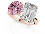 Fancy Pink Round Cut and Emerald Cut Toi Moi Ring Set in Rose gold with Prong Setting