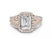 Emerald Cut Halo Pavé Engagement Ring Setting | Narrow Split Shank | Rose Gold
