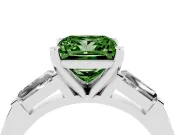 Fancy Green Princess Cut Diamond Solitaire Ring Set in Silver with Tapered Baguette Side Stones and Prong Setting