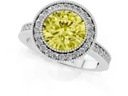 Fancy Yellow Round Cut Diamond Halo Engagement Ring Set in White gold with Pavé Band and Round Halo Stones