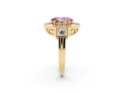 Fancy Pink Oval Cut Diamond Milgrain Halo Ring Set in Yellow gold with Split Shank