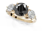Fancy Black Round Cut Lab-Grown Diamond Three-Stone Ring Set in Yellow Gold with Channel-Set Band and Prong Setting