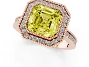 Fancy Yellow Asscher Cut Diamond Halo Ring Set in Rose gold with Pavé Band and Milgrain-Edged Prongs
