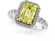 Fancy Yellow Emerald Cut Diamond Halo Ring Set in Platinum with Delicate Pavé Band and Prong Setting