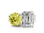Fancy Yellow Round Cut and Emerald Cut Toi Moi Ring Set in Silver with Prong Setting