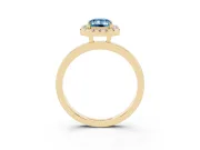 Fancy Blue Emerald Cut Diamond Halo Solitaire Ring Set in Yellow gold with Pavé Band and Prong Setting