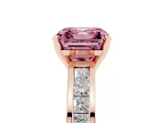 Fancy Pink Asscher Cut Diamond Solitaire Ring Set in Rose gold with Channel-Set Band and Prong Setting