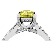 Fancy Yellow Emerald Cut Diamond Solitaire Ring Set in Platinum with Brilliant Pavé Band and Prong Setting