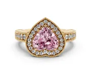 Fancy Pink Heart Cut Diamond Halo Ring Set in Yellow gold with Round Accent Halo, Pavé Band and Prong Setting