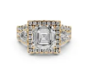 Asscher Cut Halo Split Shank Engagement Ring Setting | Round Side Stones | Yellow Gold