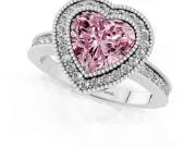 Fancy Pink Heart Cut Diamond Halo Ring Set in White gold with Pavé Band and Milgrain-Edged Prongs