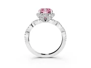 Fancy Pink Cushion Cut Diamond Halo Twist Band Solitaire Ring Set in White gold with Prong-Set Center Stone
