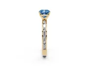 Fancy Blue Cushion Cut Diamond Solitaire Ring Set in Yellow gold with Channel-Set Baguette Band and Prong Setting