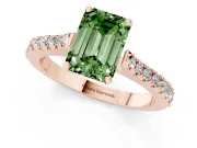 Fancy Green Emerald Cut Diamond Solitaire Engagement Ring Set in Rose gold with Delicate Pavé Band and Prong Setting