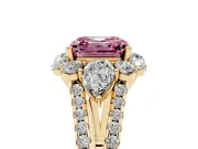 Fancy Pink Asscher Cut Diamond Halo Split Shank Engagement Ring Set in Yellow gold with Prong-Held Center Stone