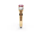 Cushion Cut Three Stone Engagement Ring Setting for a Fancy Pink Lab-Grown Diamond | Beaded Shoulders | Yellow Gold
