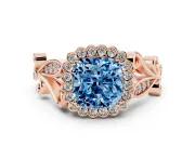 Cushion Cut Leaf Halo Engagement Ring Setting for a Fancy Blue Lab-Grown Diamond | Rose Gold