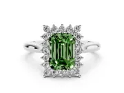 Fancy Green Emerald Cut Diamond Halo Ring Set in Platinum with Plain Solitaire Band and Prong Setting